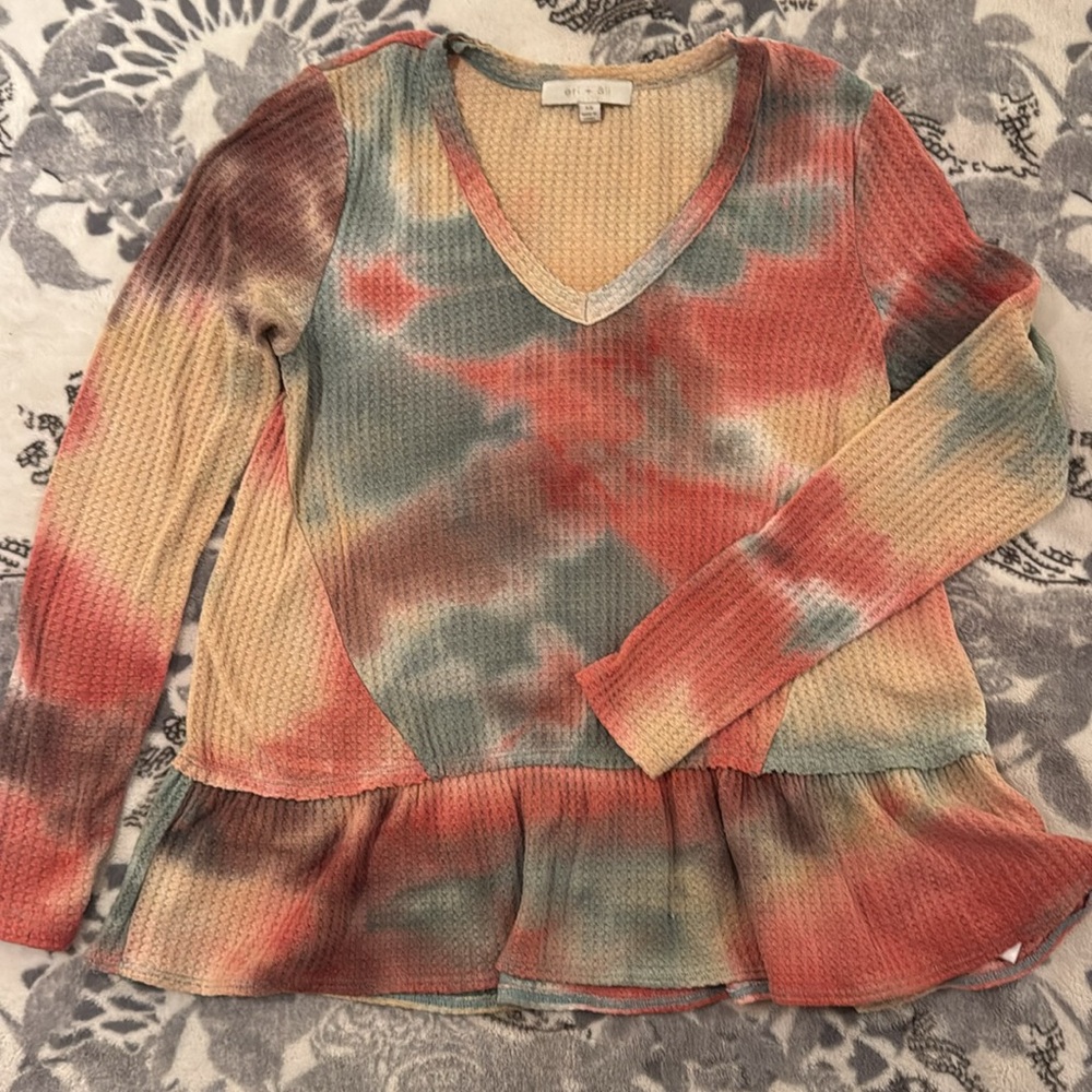 Anthropologie Eri + Ali Peplum Tie Dye Waffle Knit Top - Picture 4 of 7